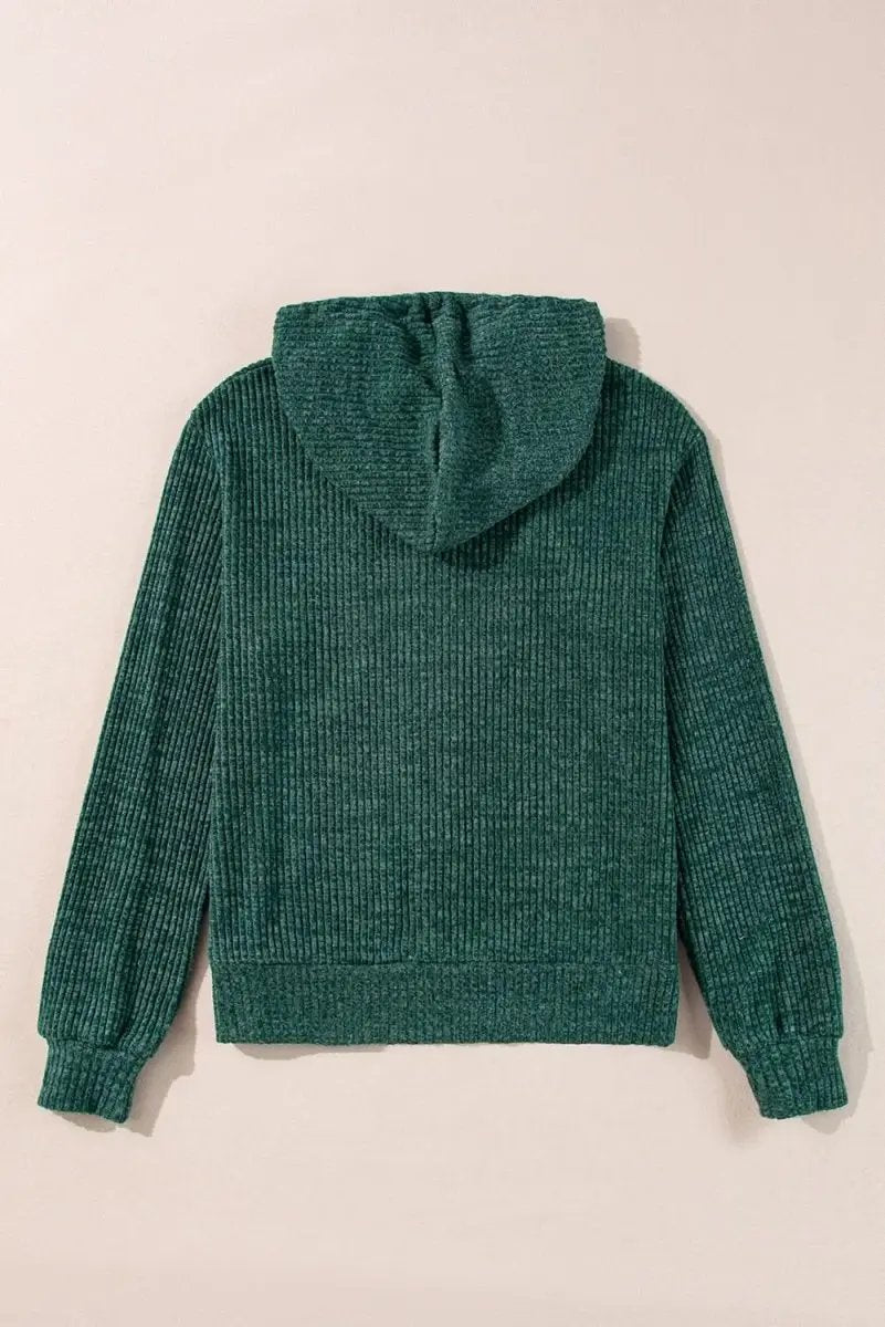 Love Salve Ribbed Green Hoodie Daily Wear Women's Zip-Up Drawstring Casual