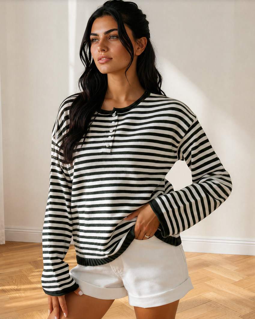 Sophia Button Placket Drop Shoulder Long Sleeve Sweater