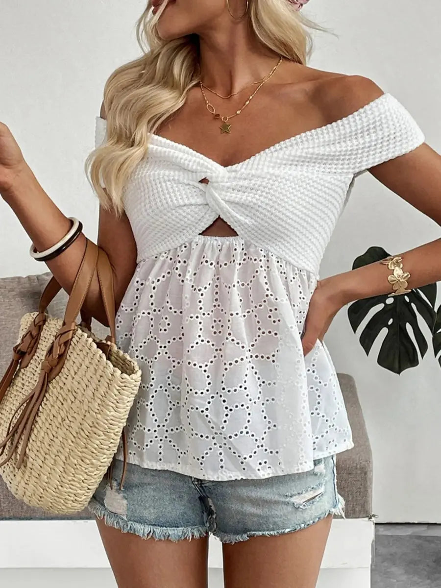 Women's Blouse - Eyelet Off-Shoulder Cutout - Cute Top