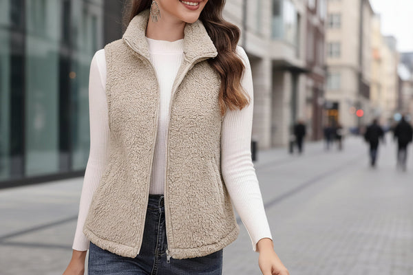 Women's Plush Stand-Up Collar Zip Vest – Sleeveless with Pockets