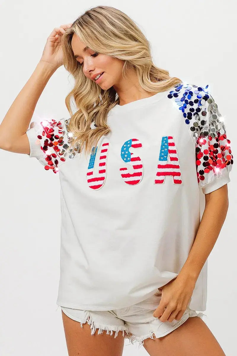 Women's Tee - Sequin American Flag - Patriotic USA Made