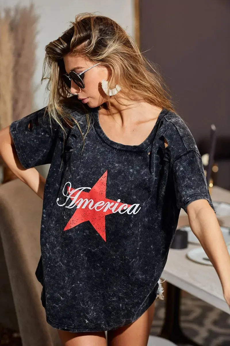 Women's Top - Laser Cut Mineral Wash - Jersey T-Shirt