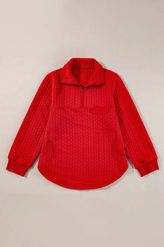 Pullover - Plus Size Tomato Red Cable Knit - Quarter Zip