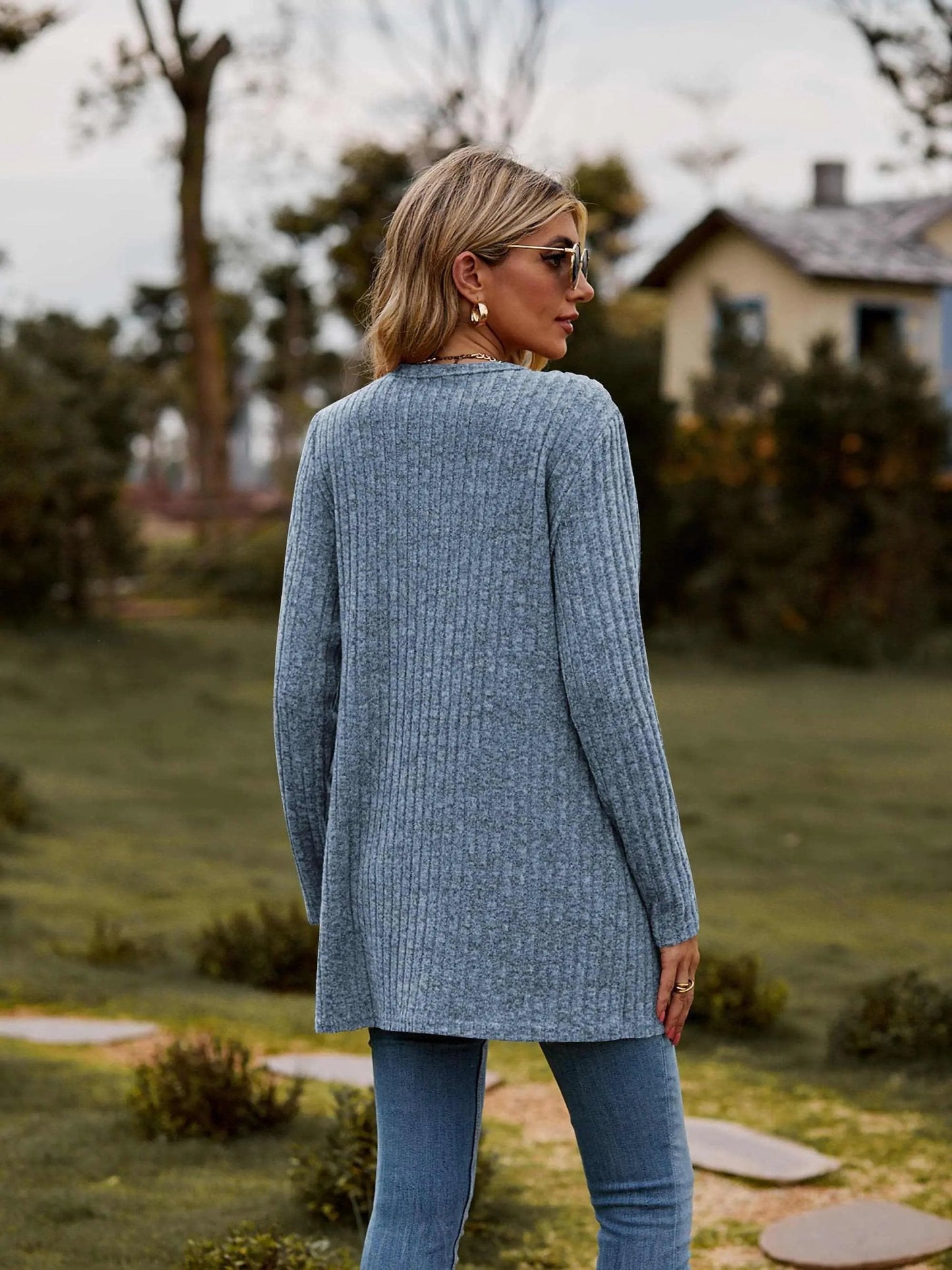 Trendsi Heathered ribbed cardigan with pockets