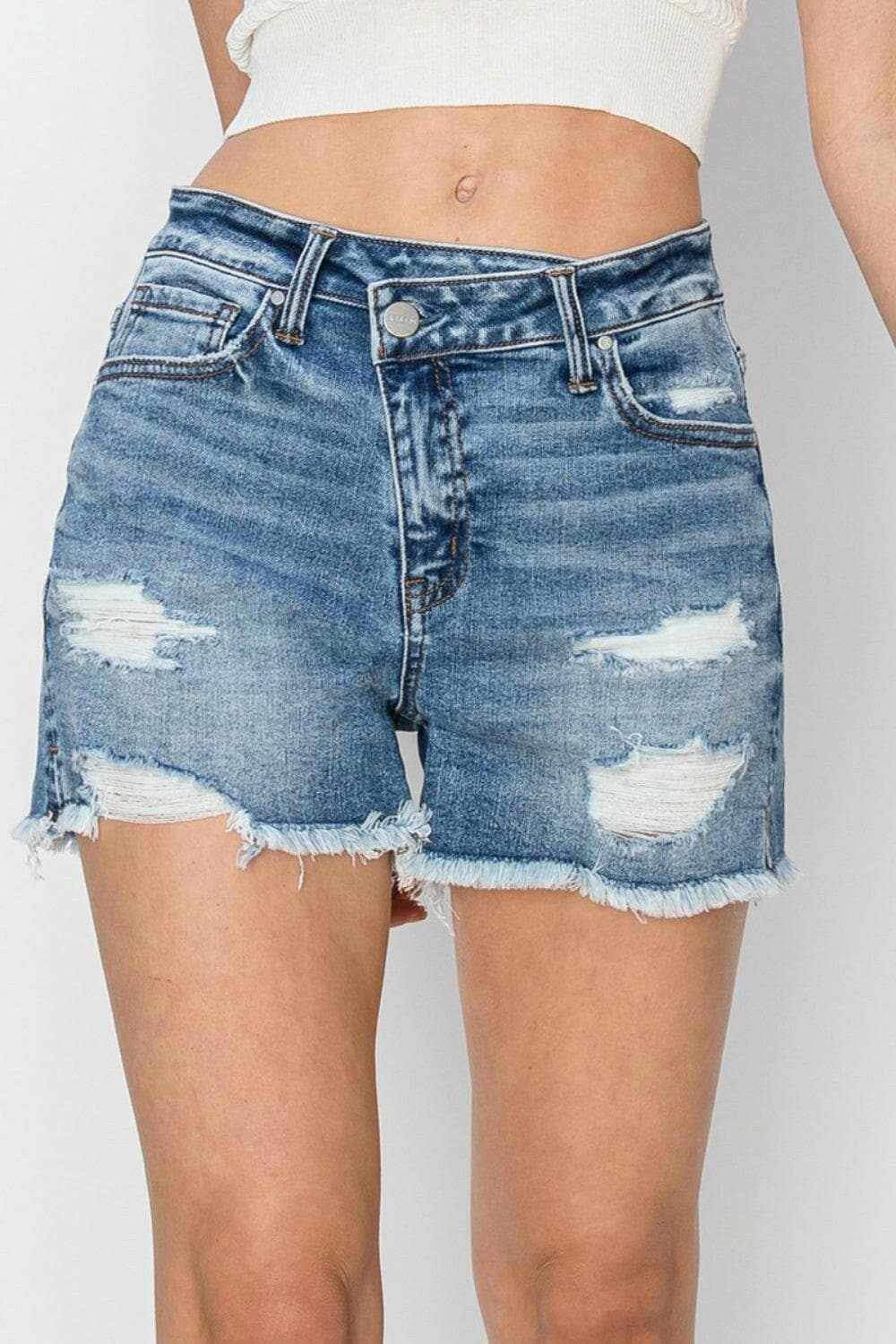 Trendsi Risen Denim Shorts Women's Casual Frayed Hem Stepped Waist