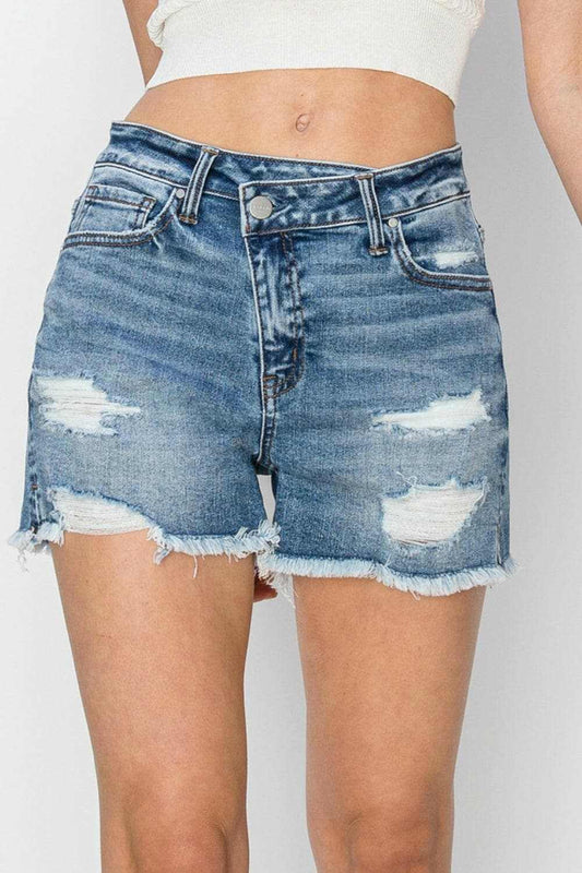 Trendsi Risen Denim Shorts Women's Casual Frayed Hem Stepped Waist