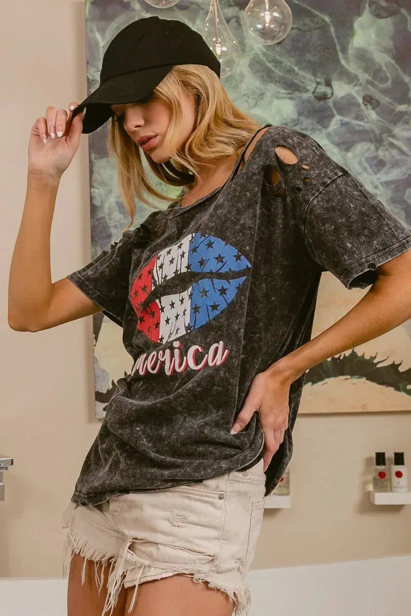 Women's Tee - Laser Cut Patriotic Lip Print - Mineral Wash Graphic