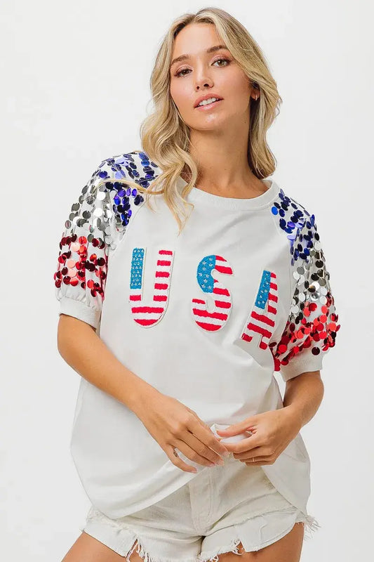 Women's Tee - Sequin American Flag - Patriotic USA Made