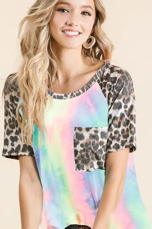 Women's Knit T-Shirt - Tie Dye Leopard - Casual Style