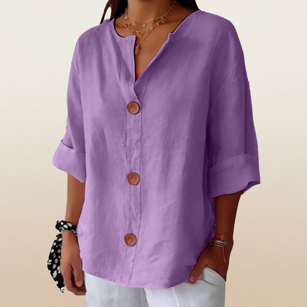 Women's V-Neck Cotton Linen Buttoned Blouse