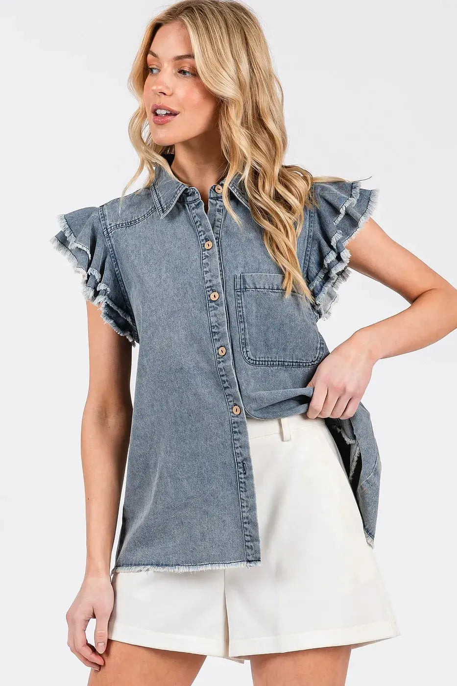 Denim Shirt - Ruffle Collared Short Sleeve - Casual Cute