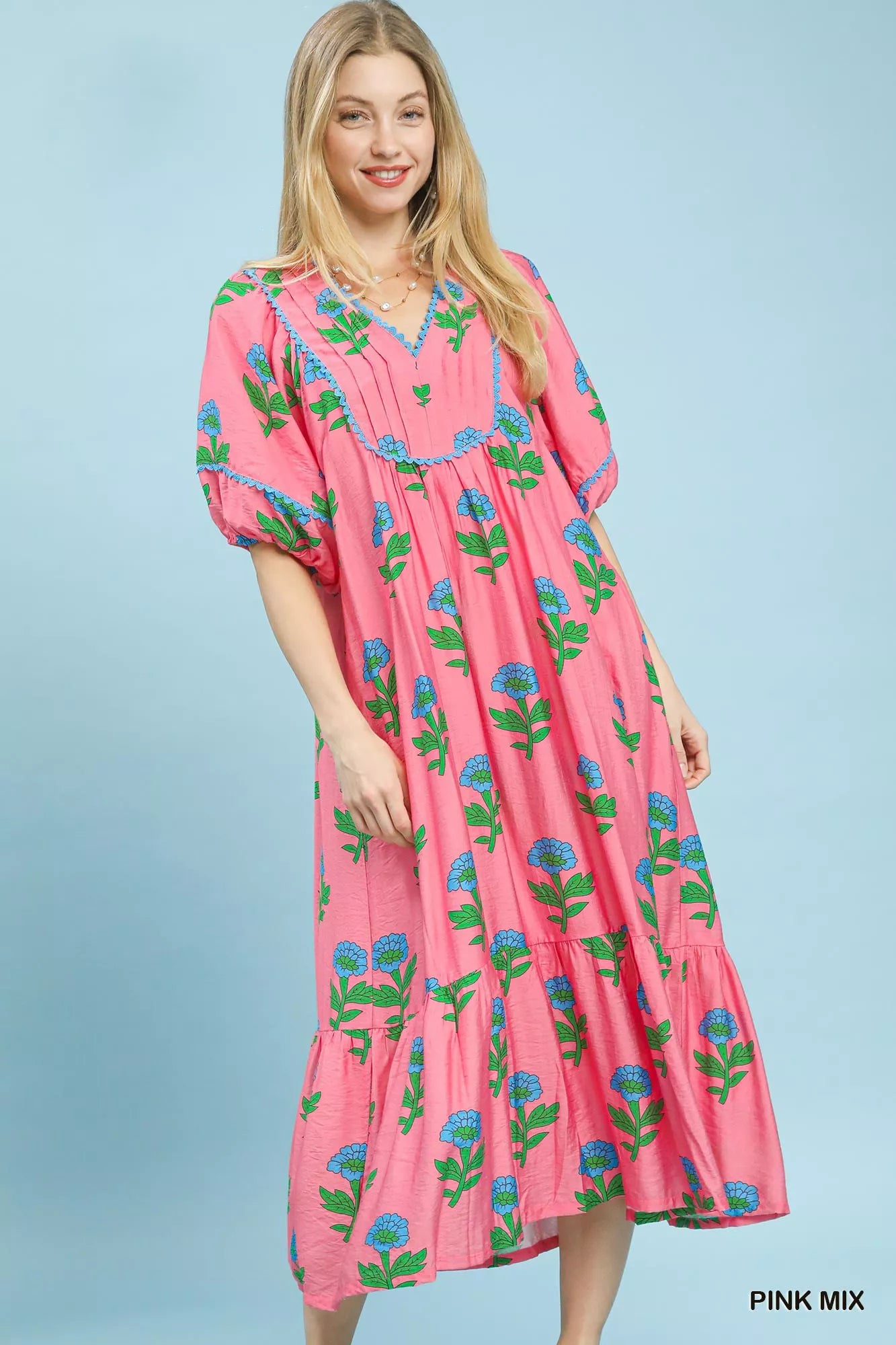 Umgee Floral Print Midi Dress in Pink