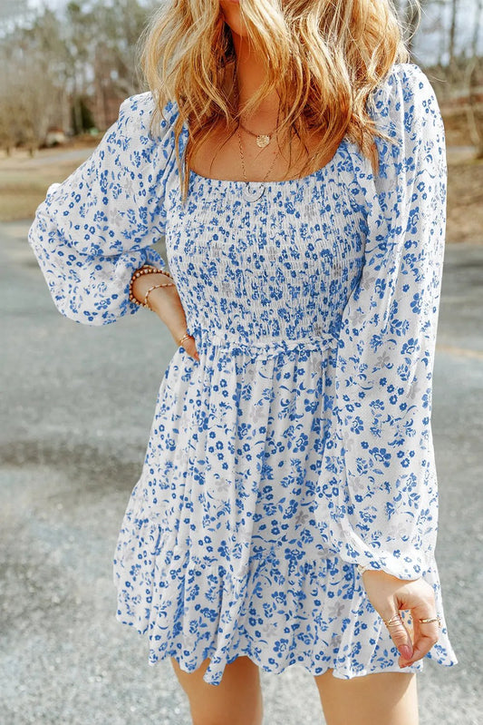 Mini Dress - Floral Smocked Puff Sleeve - A-Line Spring