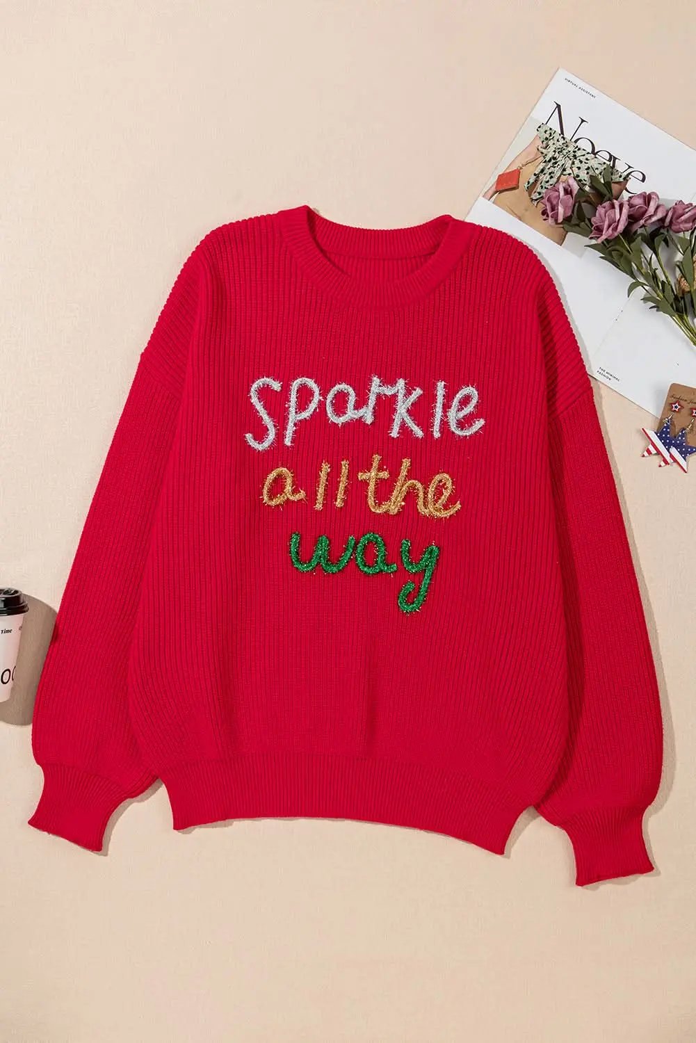 Women's Plus Size Tinsel Sweater - Racing Red Holiday Festive
