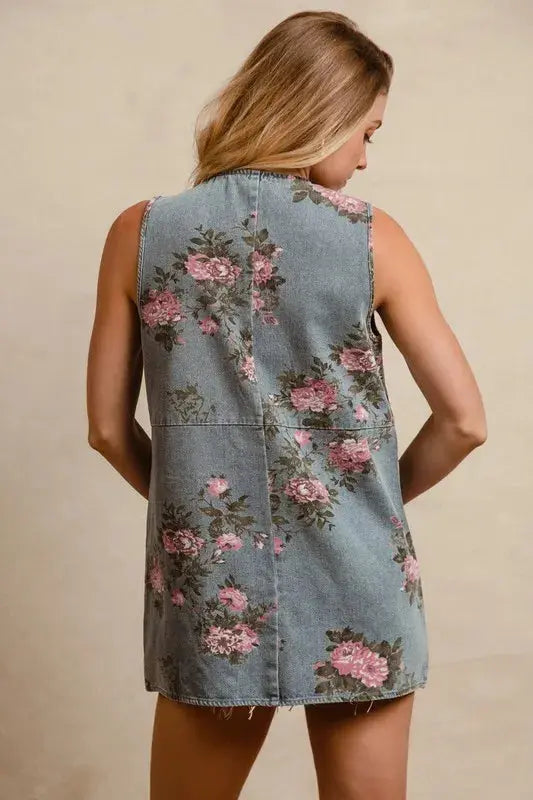 Denim Vest - Floral Print - Women's Chic Casual