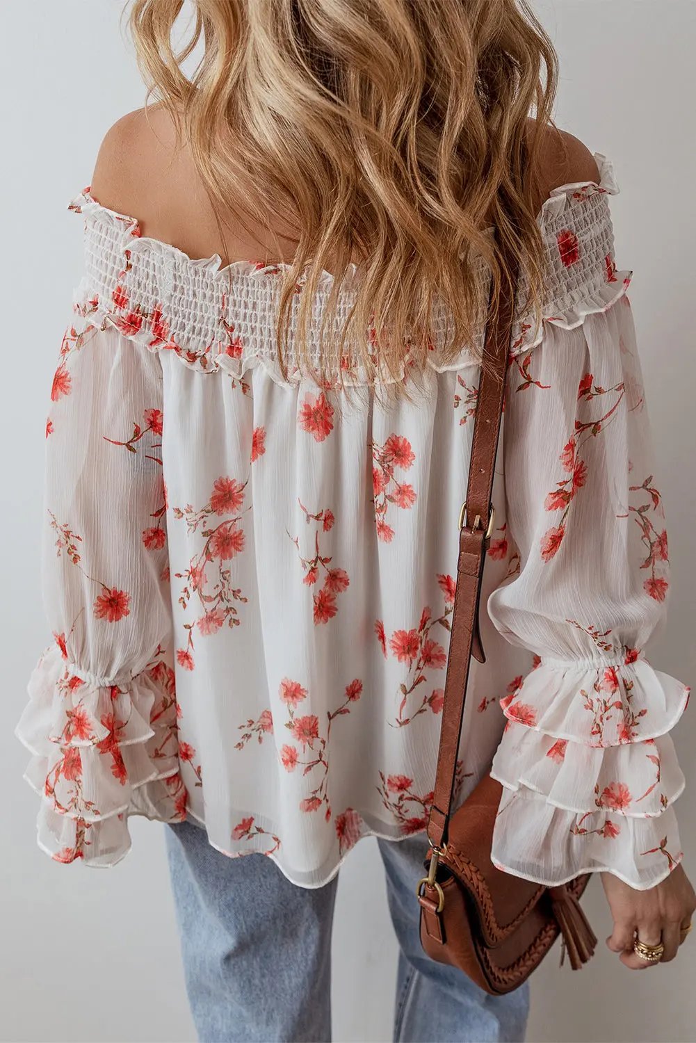 Blouse - Floral Ruffle Sleeve Off Shoulder - Daily Wear