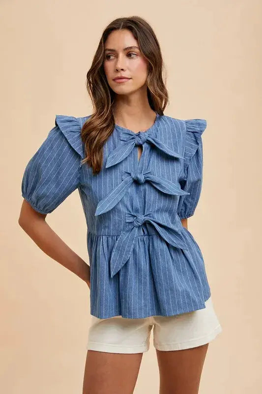 Peplum Blouse - Stripe Front Bow - Denim Style