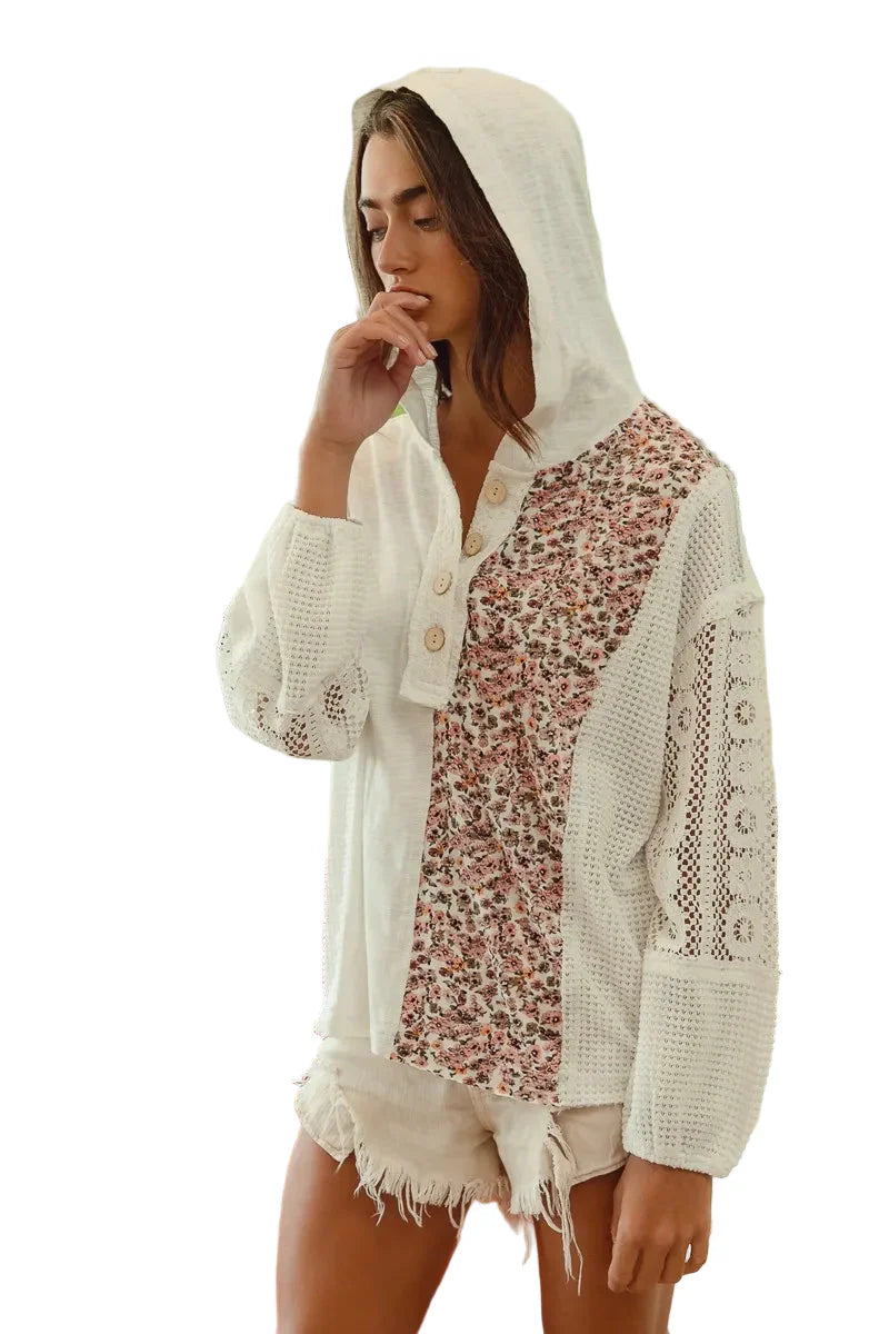 Slob Jersey with Lace Combo Buttoned Hoodie Top