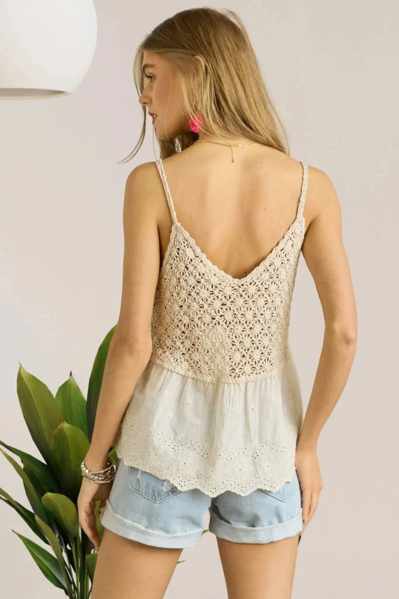 Crochet V-Neck Tank Top - Beige