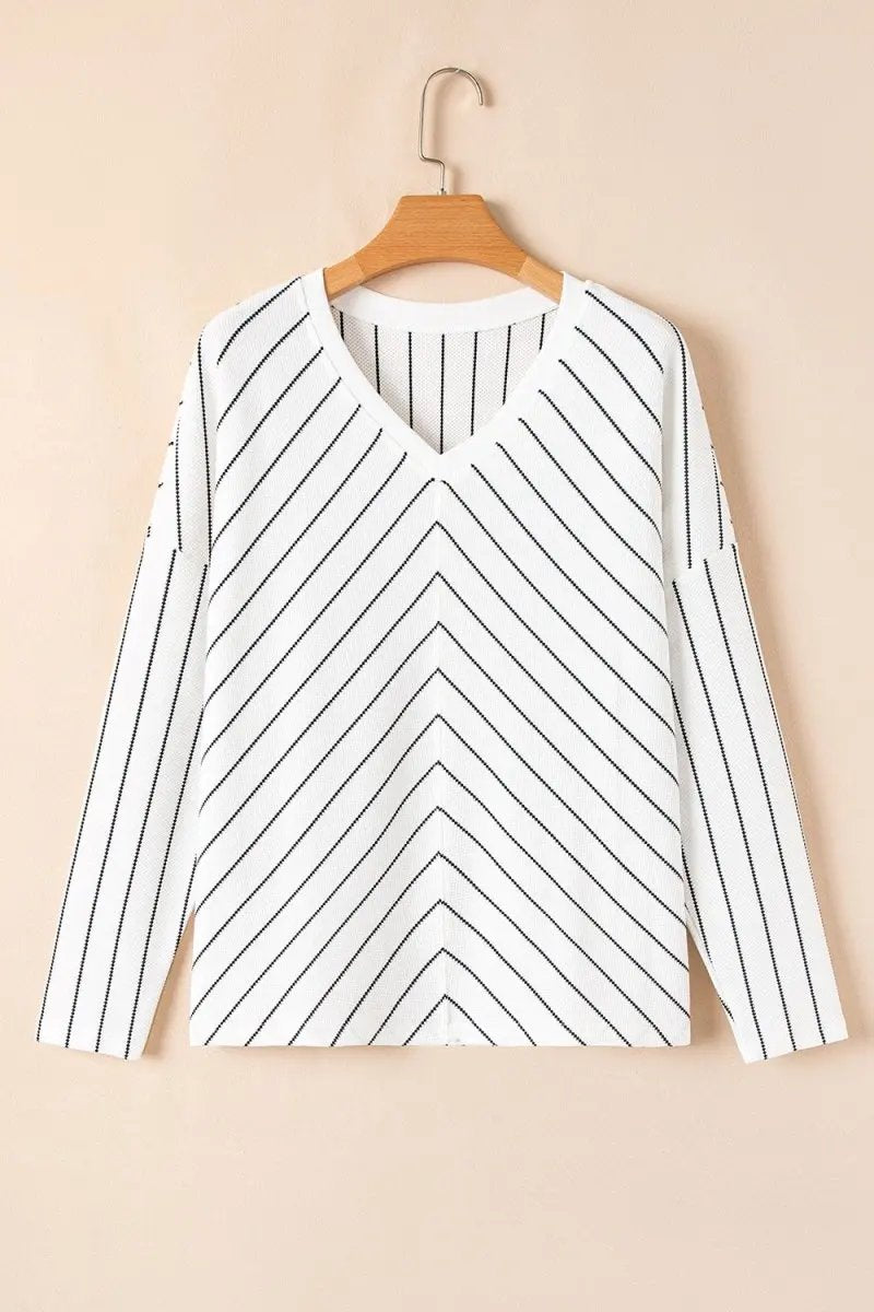 Trendsi Striped V-Neck Blouse Women's Fashion Long Sleeve Top - Chic & Comfort Fit