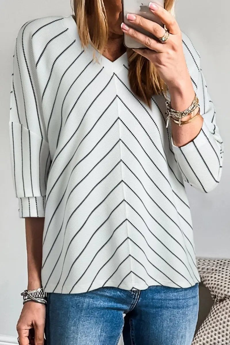 Trendsi Striped V-Neck Blouse Women's Fashion Long Sleeve Top - Chic & Comfort Fit