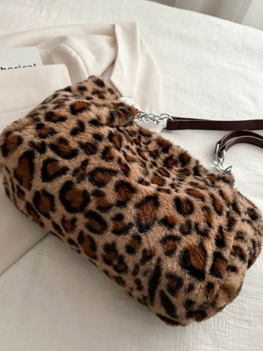 Trendsi Leopard Print Faux Fur Shoulder Bag Women's Trendy Purse Soft, Lightweight