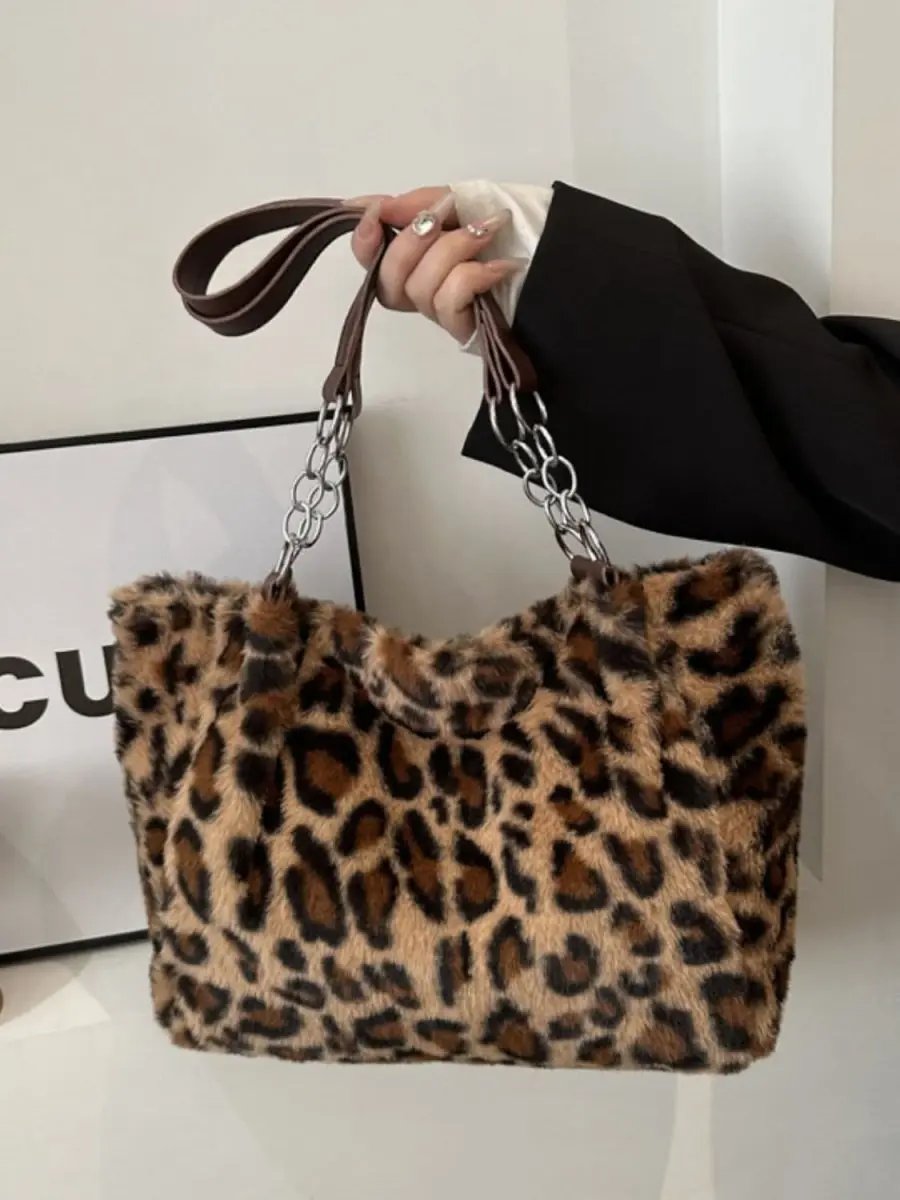 Trendsi Leopard Print Faux Fur Shoulder Bag Women's Trendy Purse Soft, Lightweight