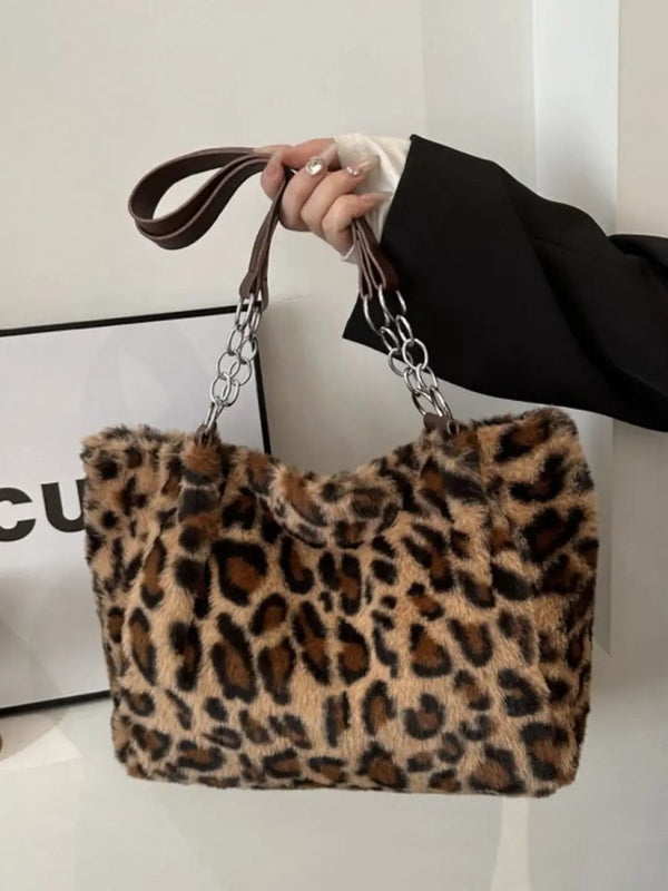 Trendsi Leopard Print Faux Fur Shoulder Bag Women's Trendy Purse Soft, Lightweight