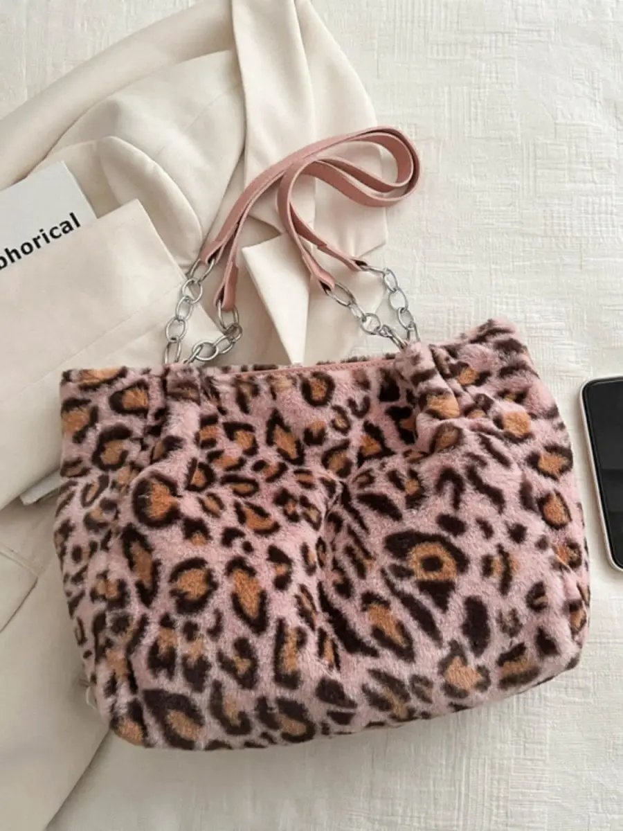 Trendsi Leopard Print Faux Fur Shoulder Bag Women's Trendy Purse Soft, Lightweight