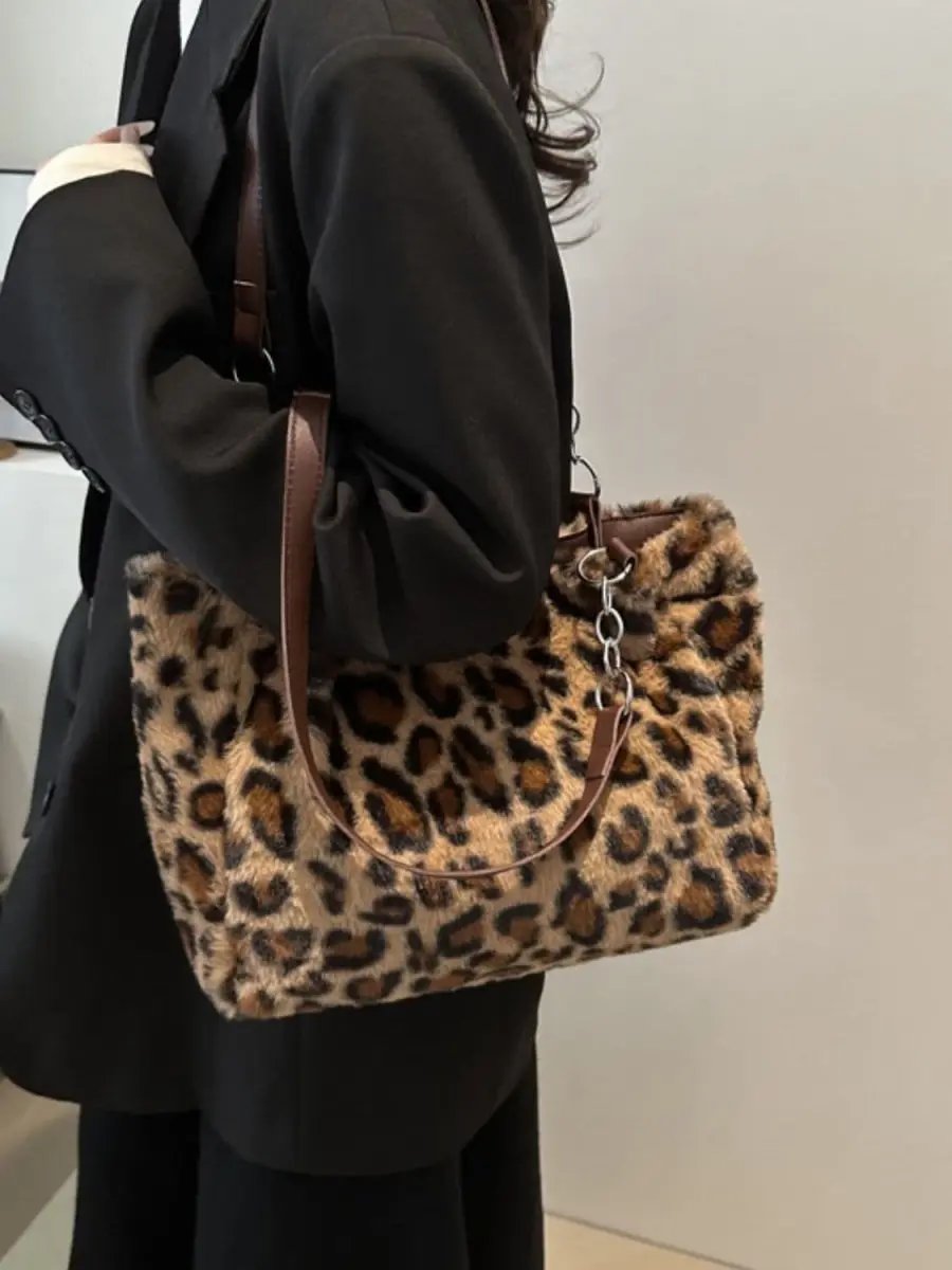 Trendsi Leopard Print Faux Fur Shoulder Bag Women's Trendy Purse Soft, Lightweight