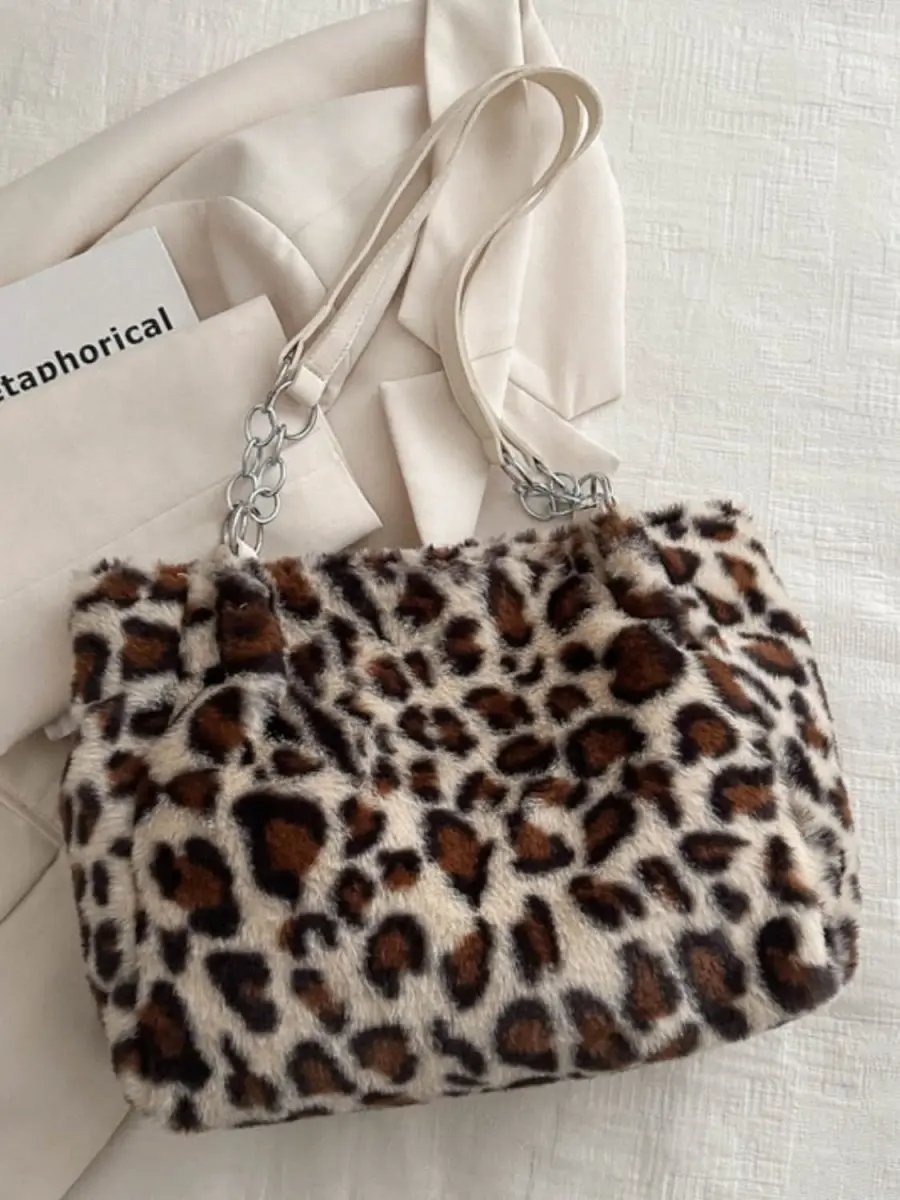 Trendsi Leopard Print Faux Fur Shoulder Bag Women's Trendy Purse Soft, Lightweight