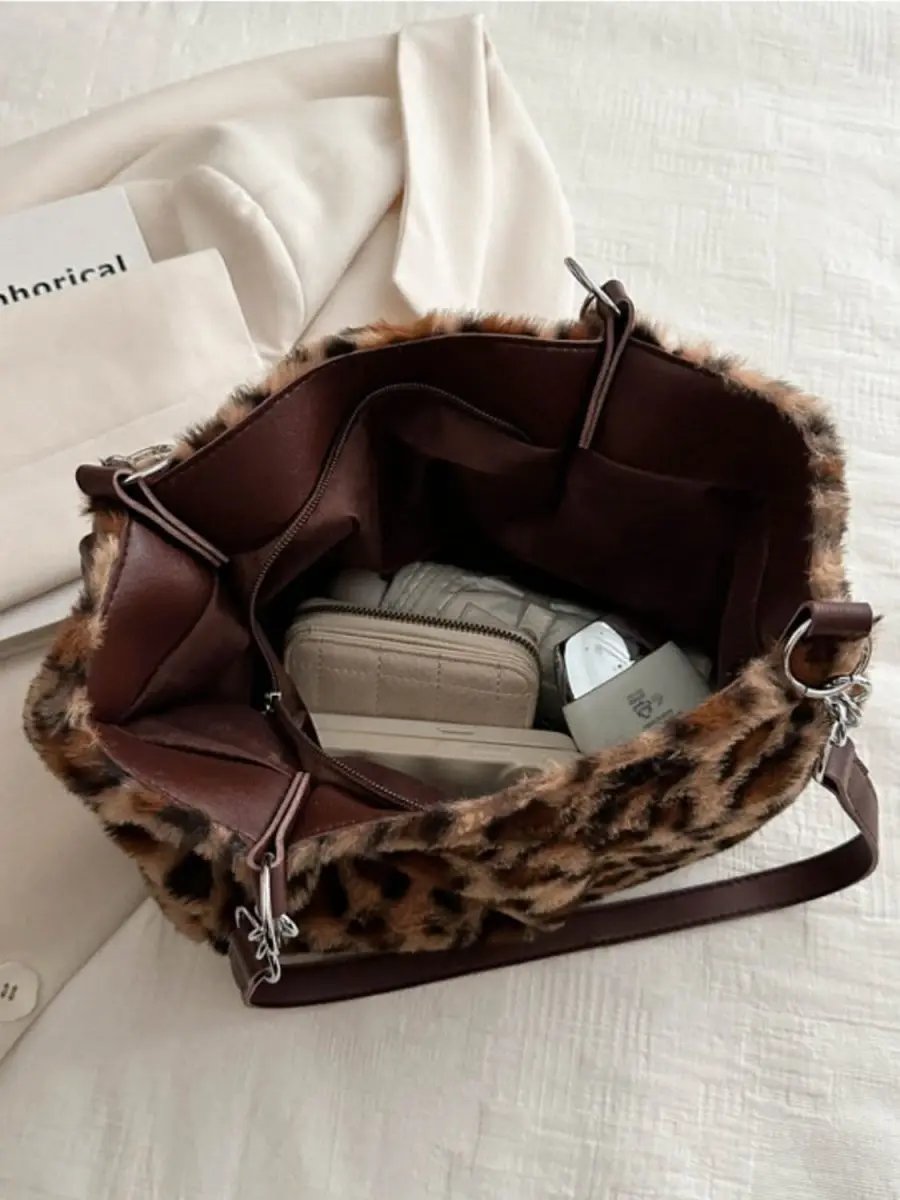 Trendsi Leopard Print Faux Fur Shoulder Bag Women's Trendy Purse Soft, Lightweight