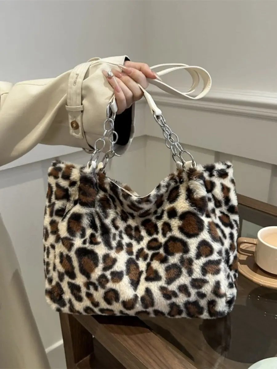 Trendsi Leopard Print Faux Fur Shoulder Bag Women's Trendy Purse Soft, Lightweight