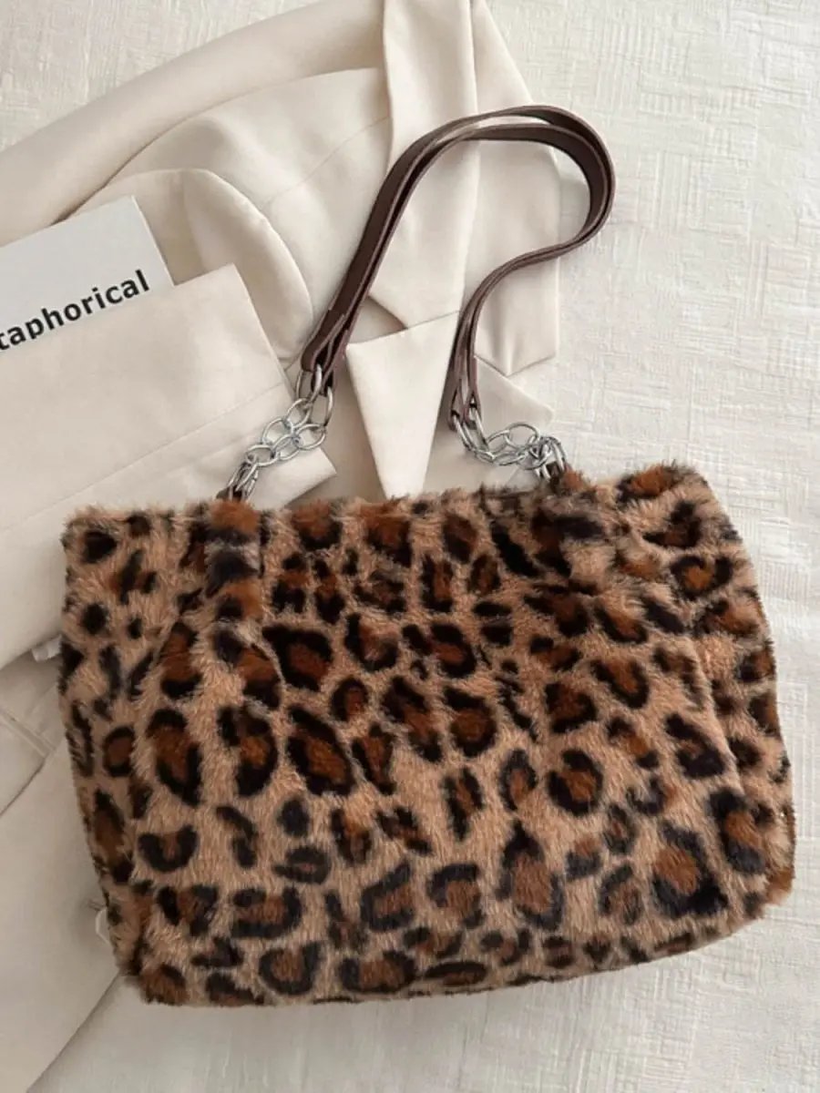 Trendsi Leopard Print Faux Fur Shoulder Bag Women's Trendy Purse Soft, Lightweight