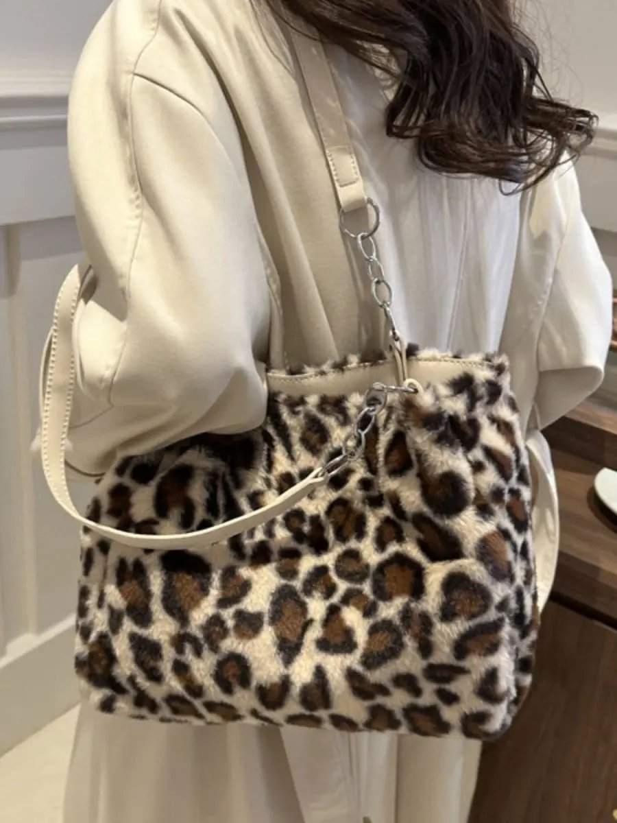 Trendsi Leopard Print Faux Fur Shoulder Bag Women's Trendy Purse Soft, Lightweight