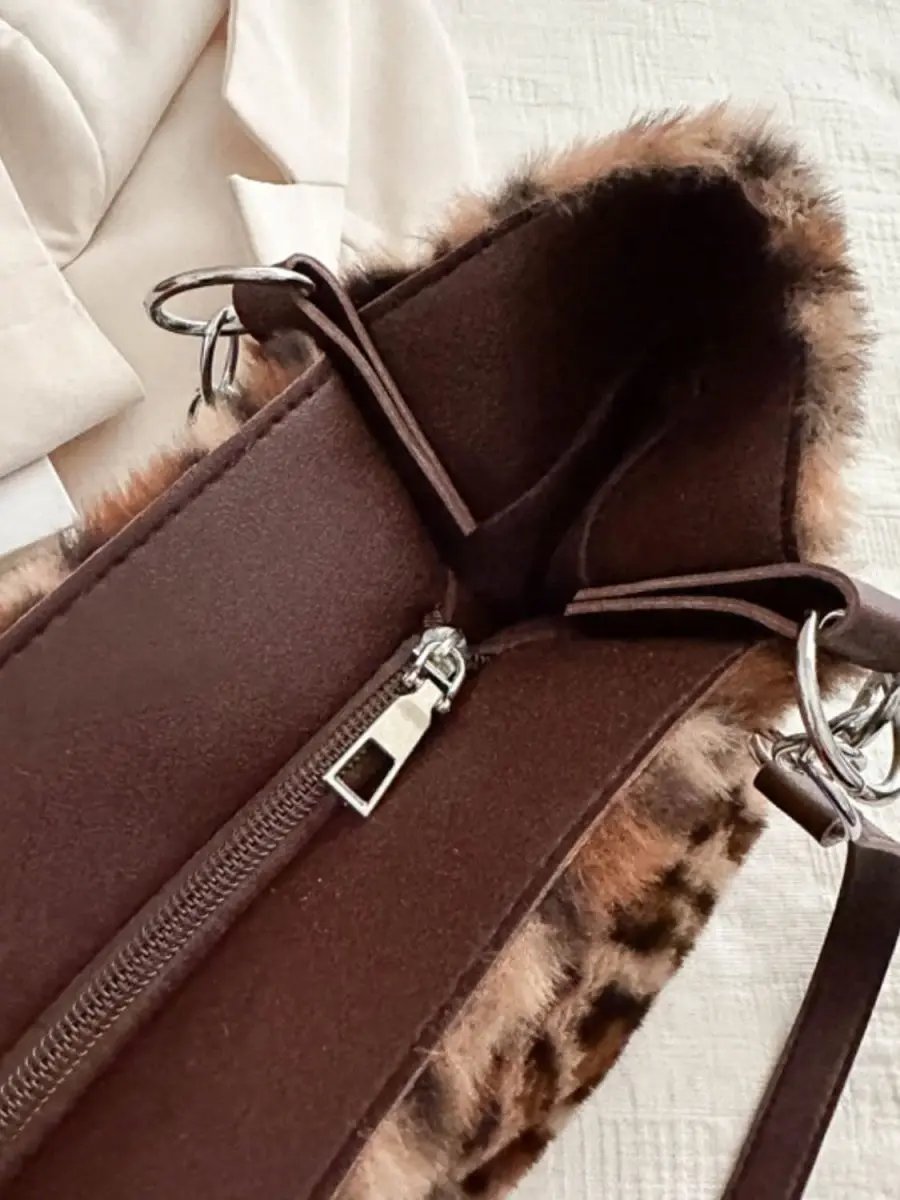 Trendsi Leopard Print Faux Fur Shoulder Bag Women's Trendy Purse Soft, Lightweight