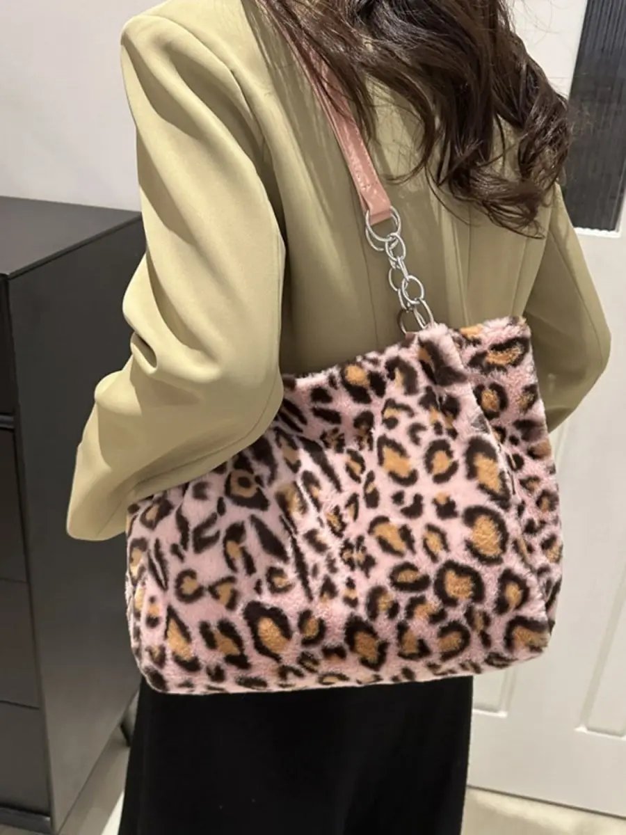 Trendsi Leopard Print Faux Fur Shoulder Bag Women's Trendy Purse Soft, Lightweight