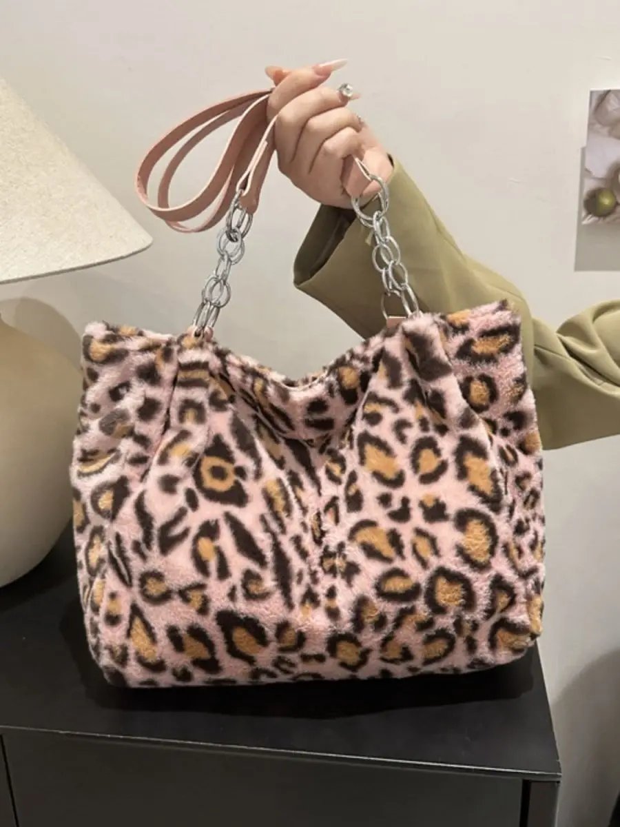 Trendsi Leopard Print Faux Fur Shoulder Bag Women's Trendy Purse Soft, Lightweight
