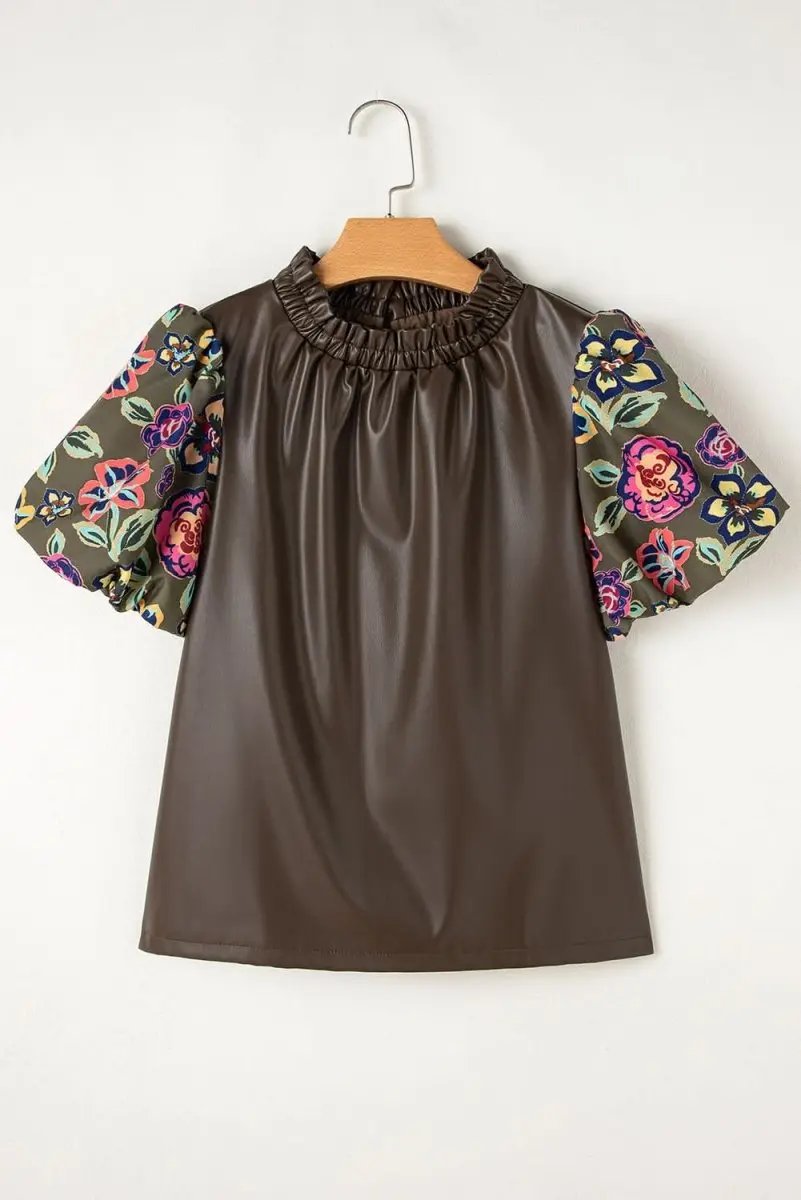Love Salve Faux Leather Green Floral Women's Blouse: Cute Bubble Sleeves, Southern Belle Top