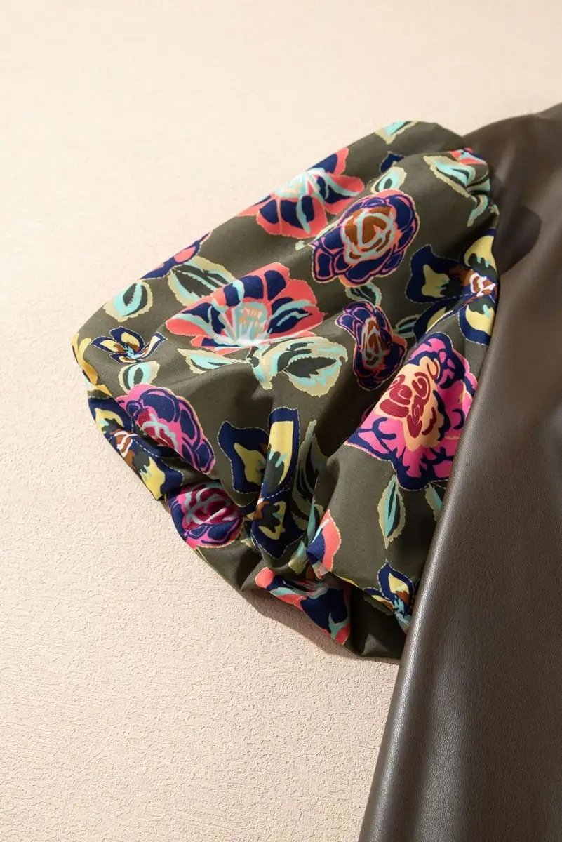 Love Salve Faux Leather Green Floral Women's Blouse: Cute Bubble Sleeves, Southern Belle Top