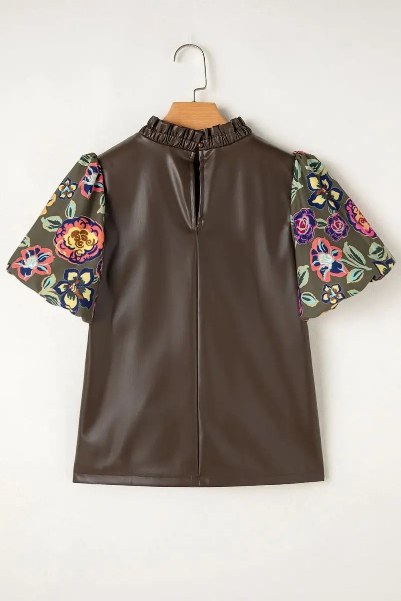 Love Salve Faux Leather Green Floral Women's Blouse: Cute Bubble Sleeves, Southern Belle Top