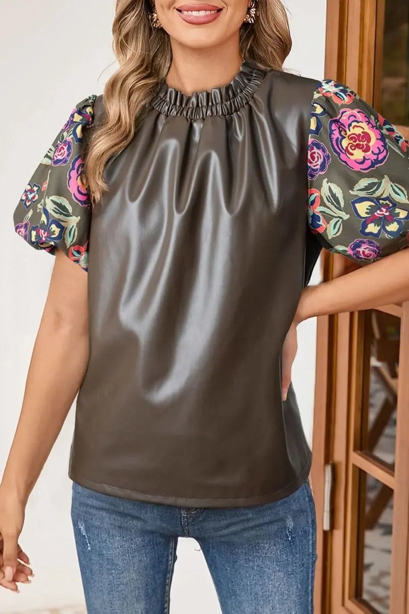 Love Salve Faux Leather Green Floral Women's Blouse: Cute Bubble Sleeves, Southern Belle Top
