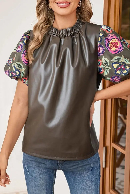 Love Salve Faux Leather Green Floral Women's Blouse: Cute Bubble Sleeves, Southern Belle Top