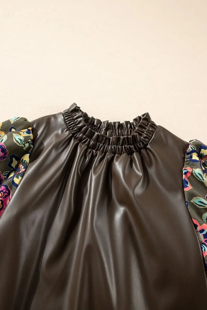 Love Salve Faux Leather Green Floral Women's Blouse: Cute Bubble Sleeves, Southern Belle Top