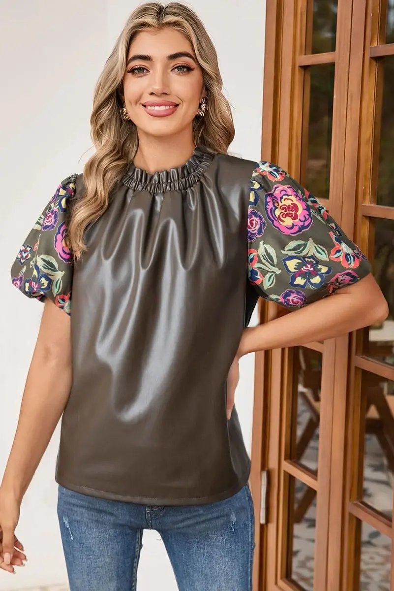 Love Salve Faux Leather Green Floral Women's Blouse: Cute Bubble Sleeves, Southern Belle Top