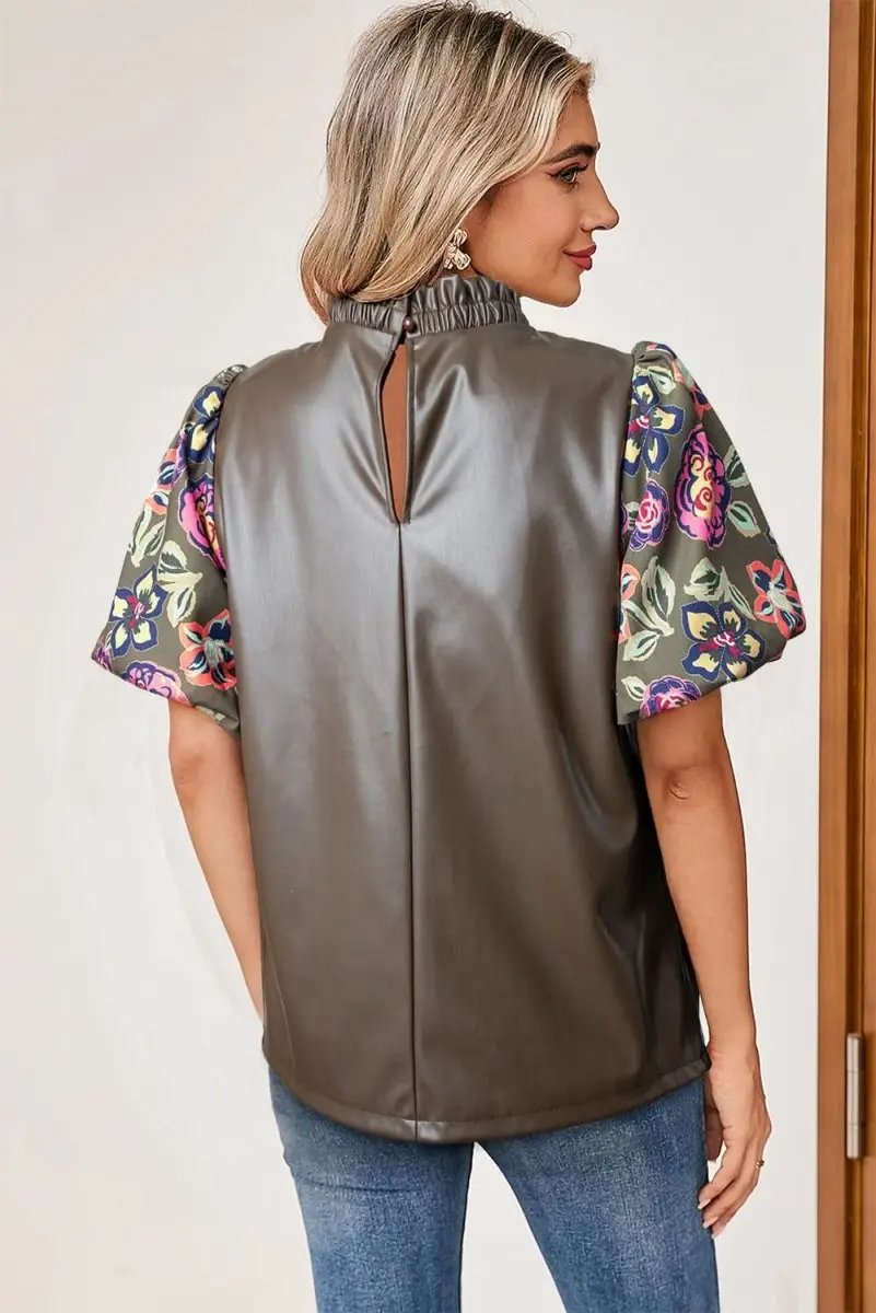 Love Salve Faux Leather Green Floral Women's Blouse: Cute Bubble Sleeves, Southern Belle Top