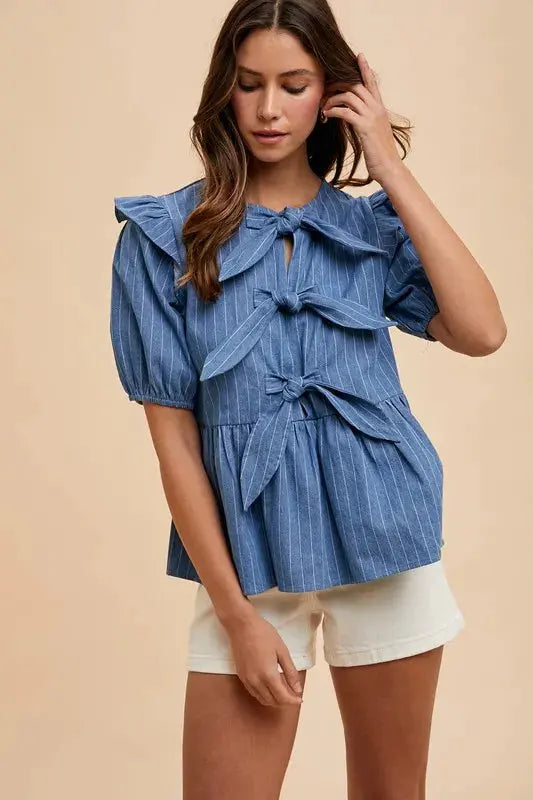 Peplum Blouse - Stripe Front Bow - Denim Style