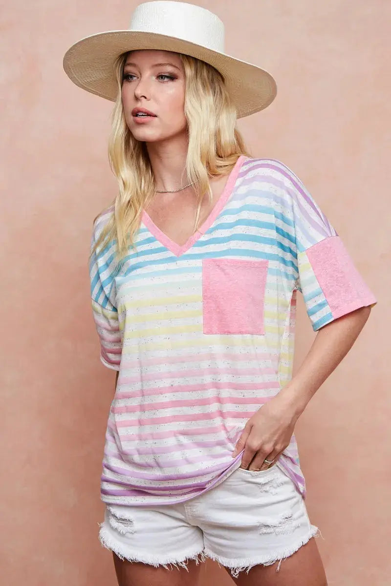 Women's Tee - Rainbow Stripe - Casual Knit Top