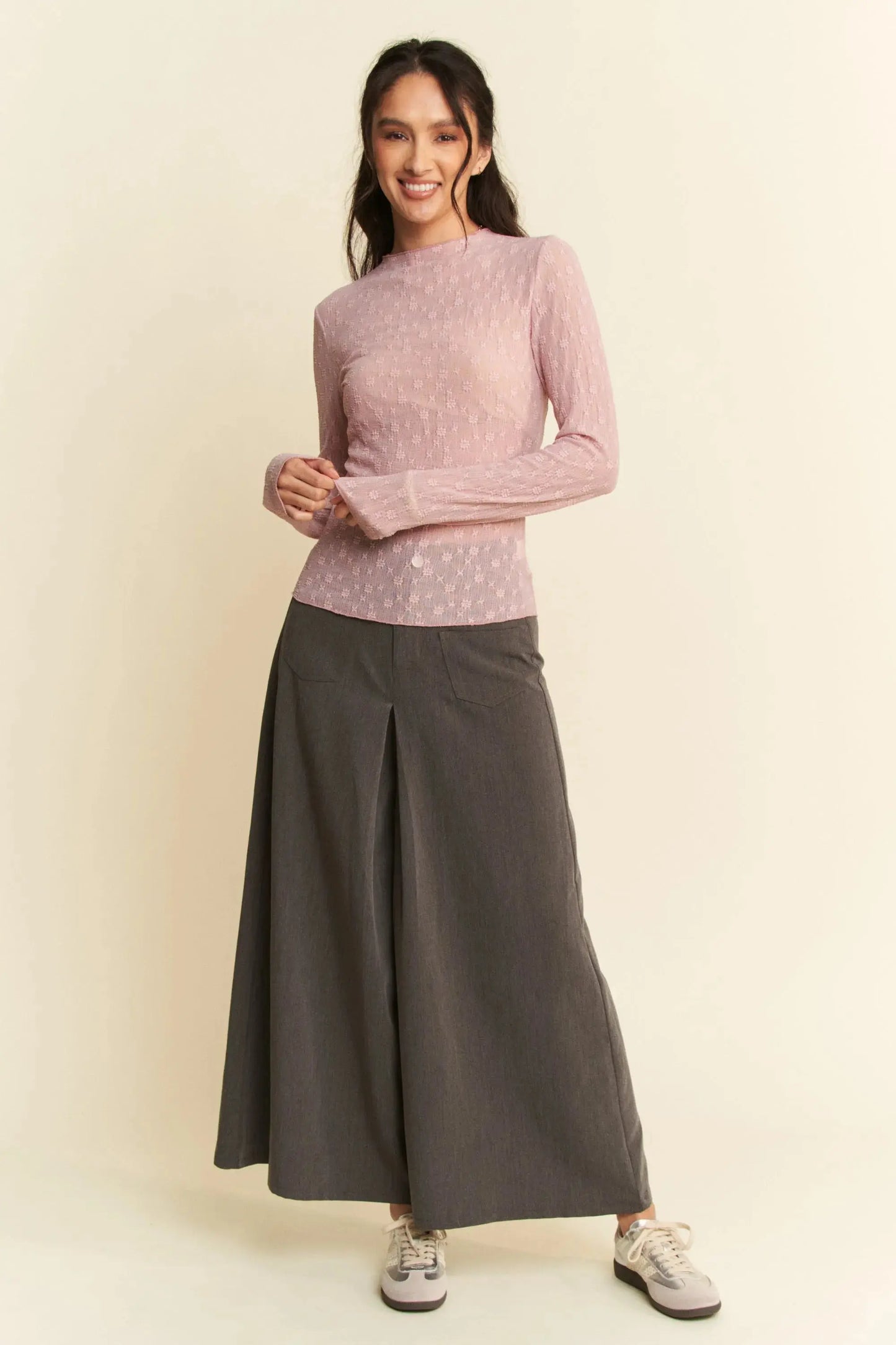 Sheer Lace Top - Embroidered Bows - Women's Long Sleeve