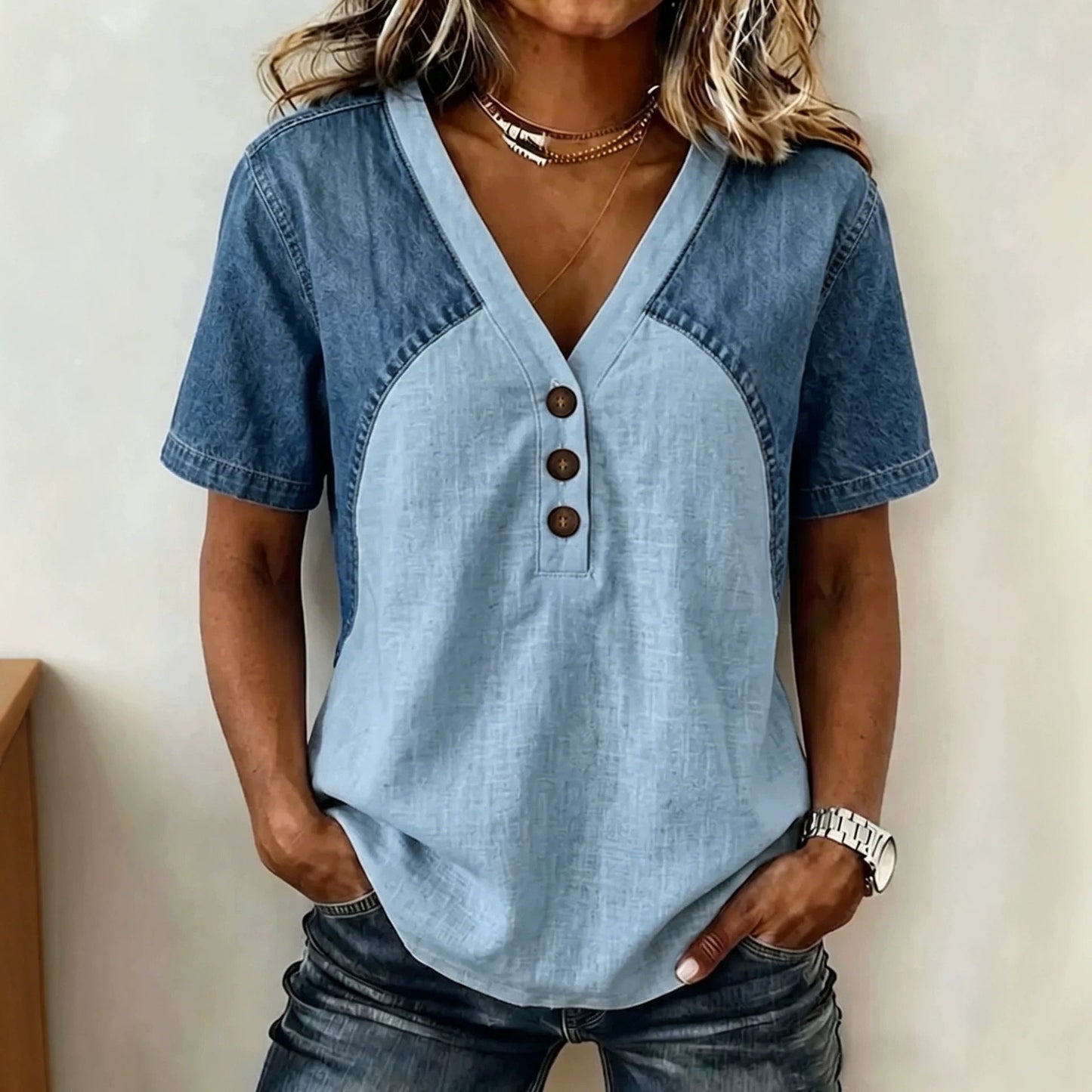 Women's Loose Denim Patchwork Color-Block T-Shirt